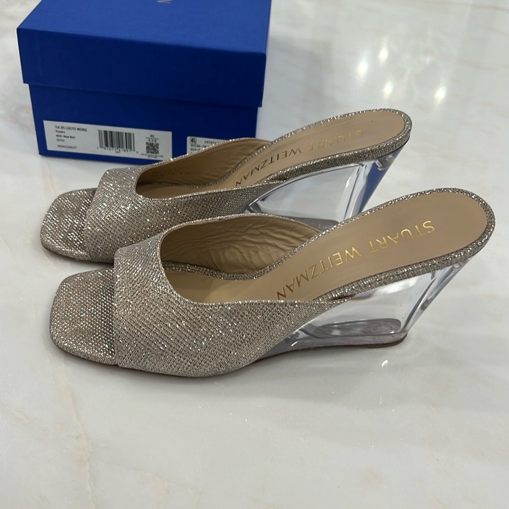 Stuart Weitzman Tia 85 lucite wedge new noir Poudre size 9.5